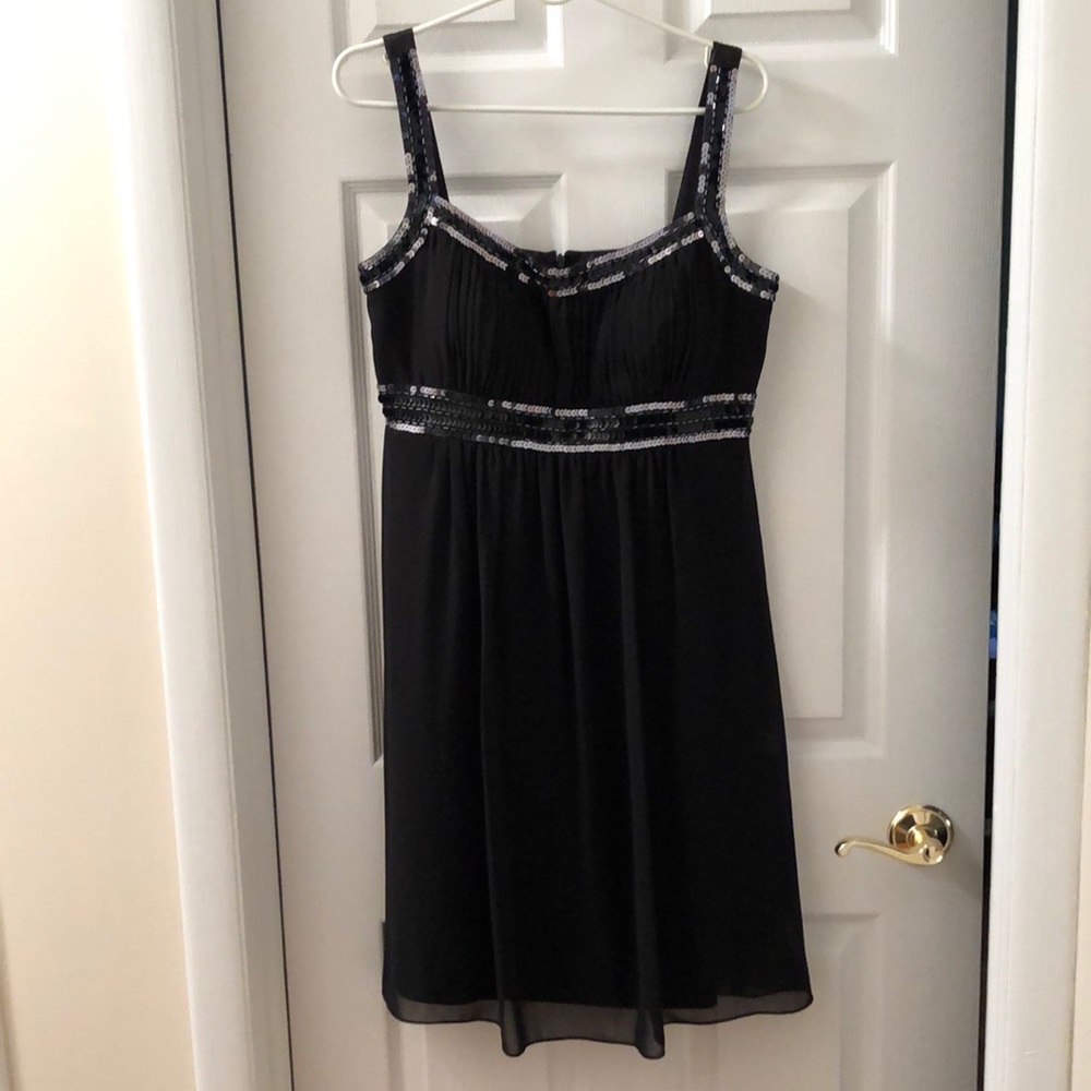 Black chiffon cocktail dress with silver and black sequin and beading detail